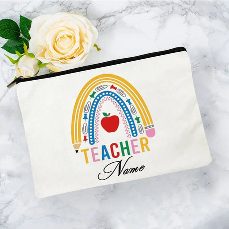 White Personalized Name Bag woman rainbow print Makeup Bag Storage Pouch Toiletries storage Cosmetic Pocket Gift for teachers