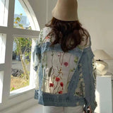 Chaquetas Mujer Summer Streetwear Embroidery Lace Patchwork Sexy Denim Jacket Women Frayed Tassel Loose Korea Blue Jean Coat 3XL