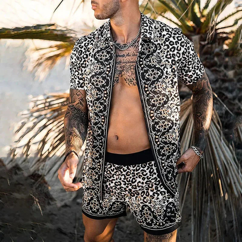 Men Hawaiian 2Pcs Sets Summer 3D Print Short Sleeve Shirt Beach Button Shorts Streetwear Shirt Holiday Men's Two Piece Suit