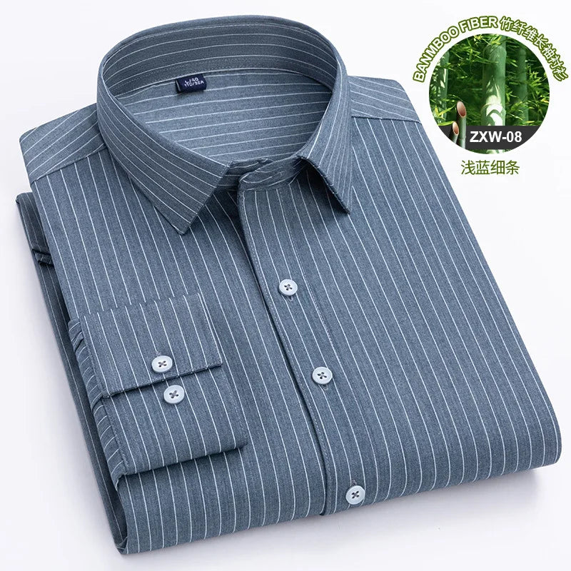 Spring and autumn new men's bamboo fiber non-ironing long sleeve shirt anti-wrinkle business daily casual fashion stripes