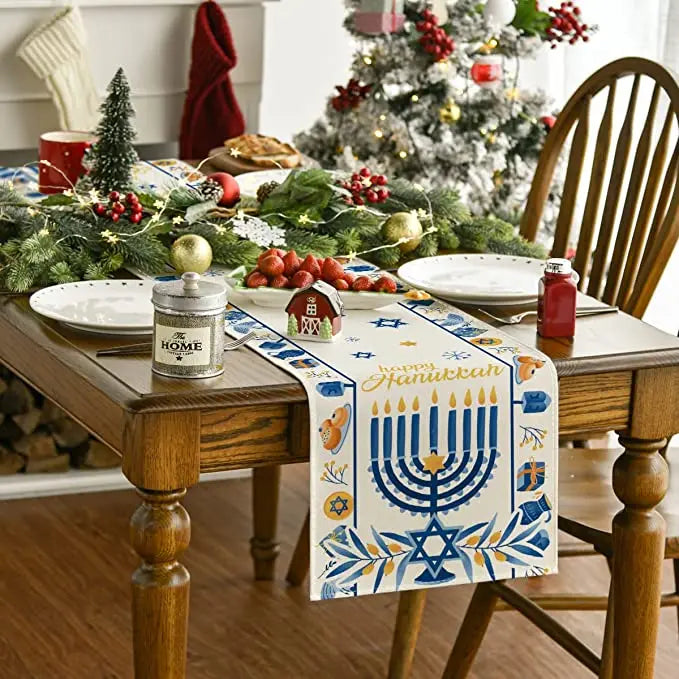 Happy Hanukkah Menorah Table Runner, Seasonal Chanukah Kitchen Dining Table Decoration for Outdoor Home Party