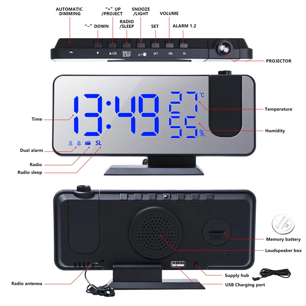 FM Radio Digital Alarm Clock Temp Humidity with 180°  Time Projector Electronic Table Clock 12/24H Snooze Projection LED Clock