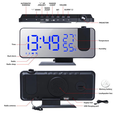 FM Radio Digital Alarm Clock Temp Humidity with 180°  Time Projector Electronic Table Clock 12/24H Snooze Projection LED Clock