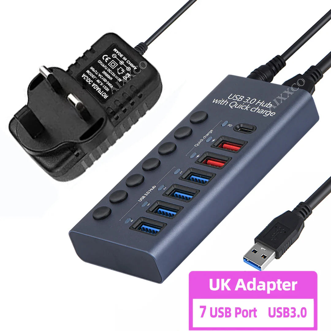 Metal USB 3.0 Hub Multi USB Splitter 4/7/10Ports Use Power Adapter Multiple Expander 2.0 Hub With Switch For Laptop Accessoriess