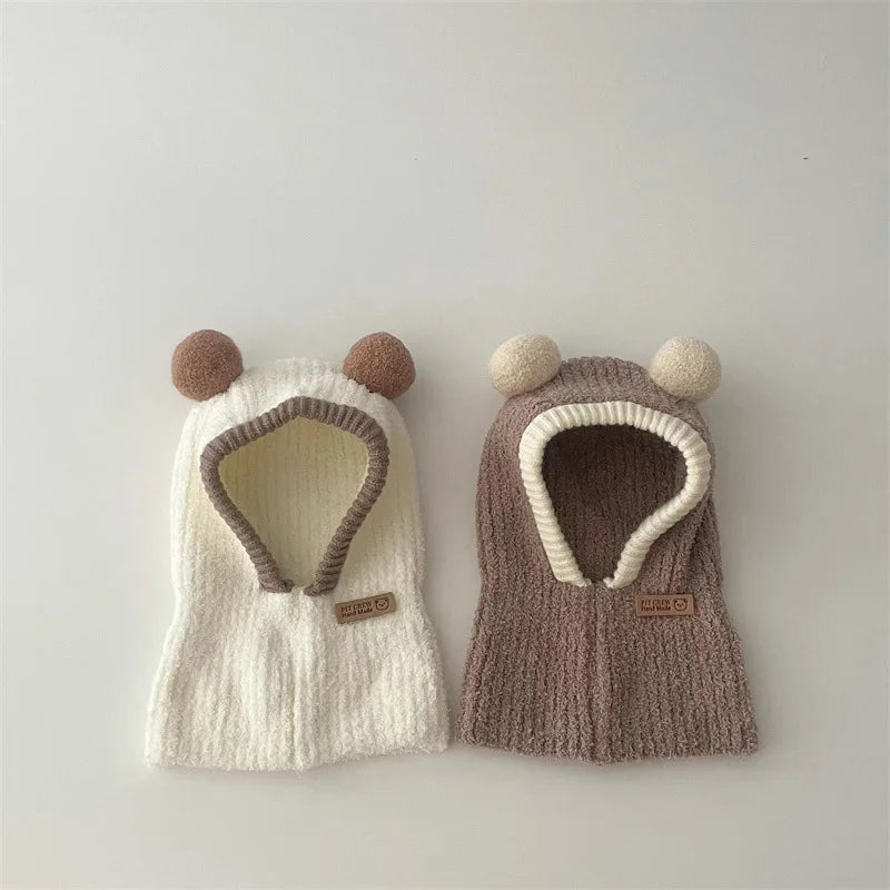 Korean Baby Hood Beanies One Piece Scarf Cap Winter Warm Knitted Ear Protection Balaclava Hat Solid Color Infant Headgear Bonnet