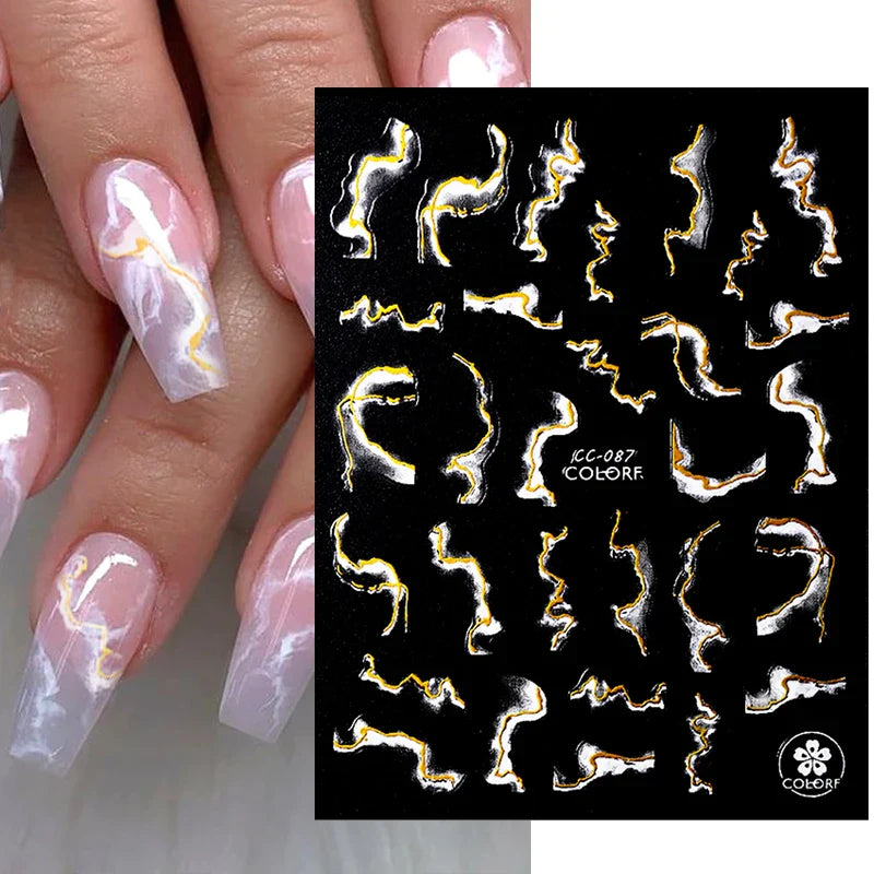 Purple Marble Nails Stickers Smoke Design Manicure Decals Golden Wave Lines Nail Slider Blooming Ink Sticker