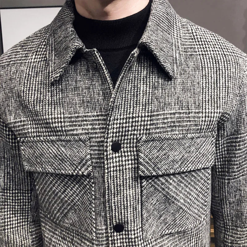 2023Autumn/Winter Men Polo Neck Woolen Jacket Fashion Slim Fit Suit Coat HighQuality Checkered Multi Pocket Korean Casual Jacket