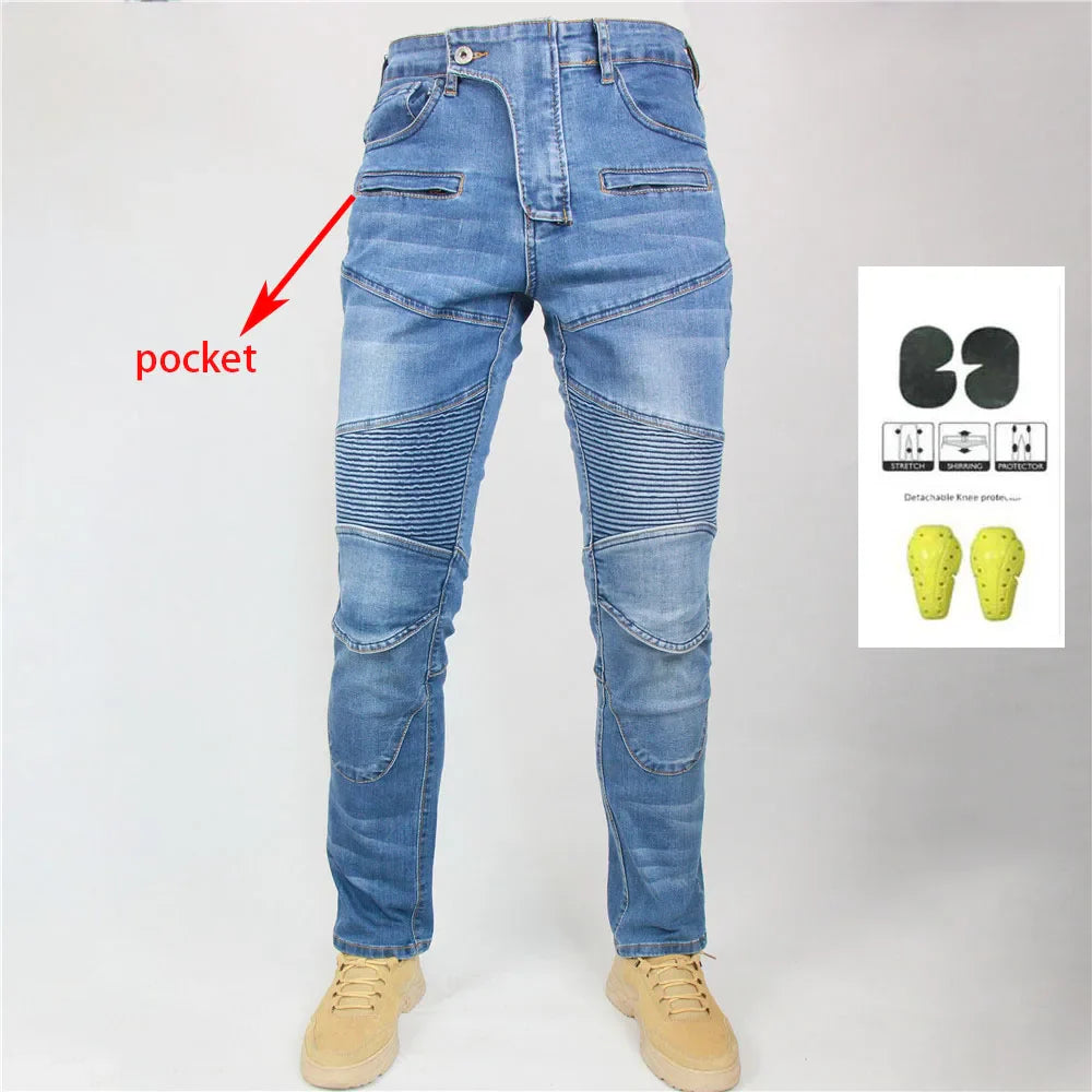 Men Jeans Collection Classic Denim UGB06 PK718 PK719 Zip Motorcycle Pants  Pantalones Motocicleta Hombre Featherbed Jeans Gears