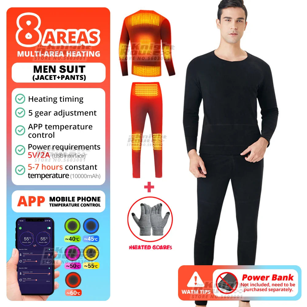 24 Areas Winter Self Heating Jacket Men Heated Underwear Thermal Tops Pants Motorcycle Heated Jacket Mobile Phone APP Control