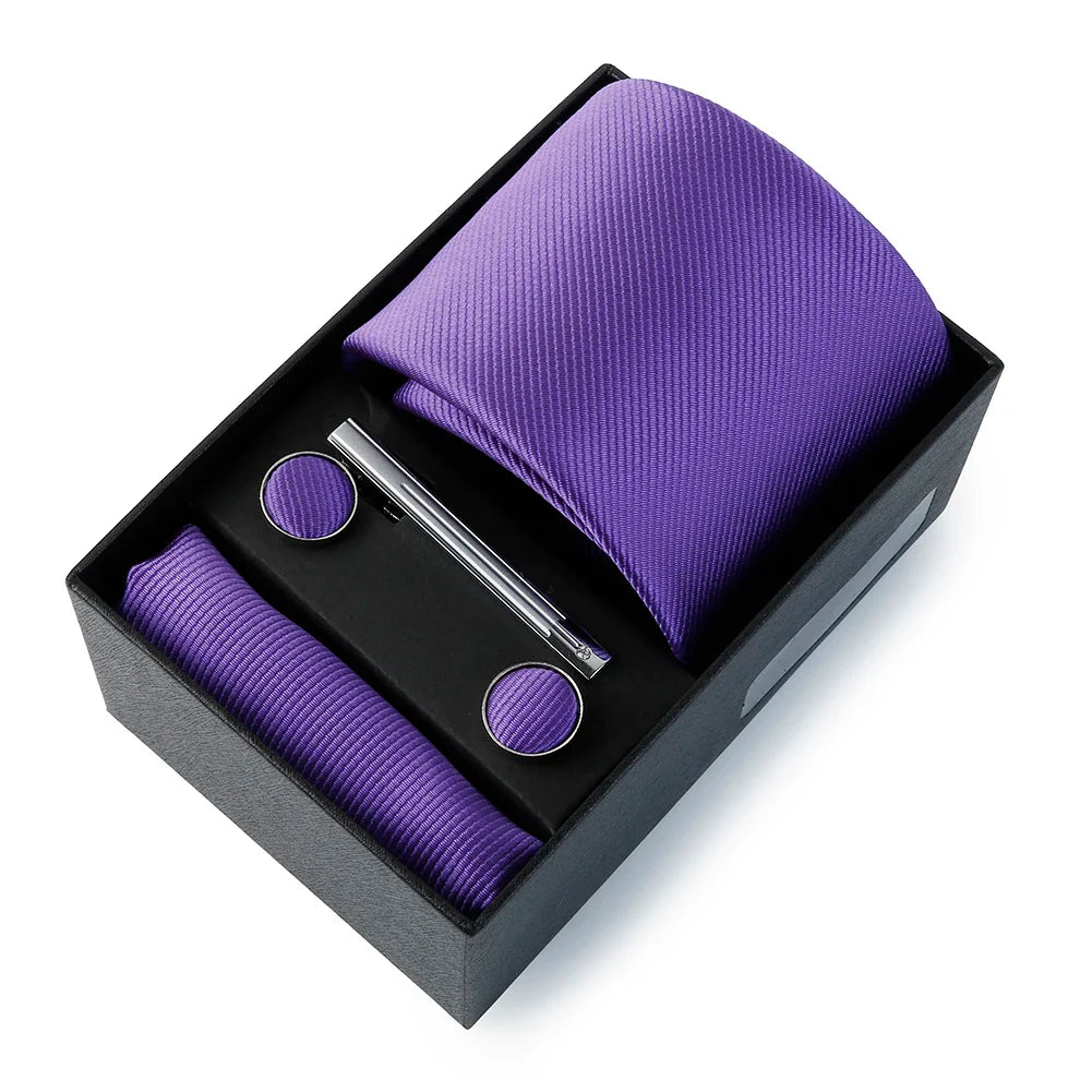 Top Quality Classic Business Ties Hanky Cufflink Clips Set Solid Color Necktie For Men Slim Gravatas Wedding Party In Gift Box