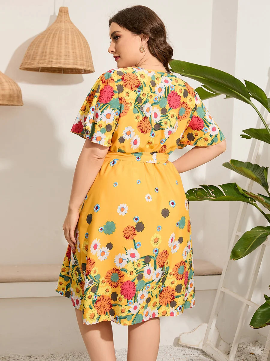 4xl 5xl Plus Size Midi Dress Women 2023 Summer V Neck Short Sleeve Floral Print Yellow Dress for Women Large Size Beach Dresses