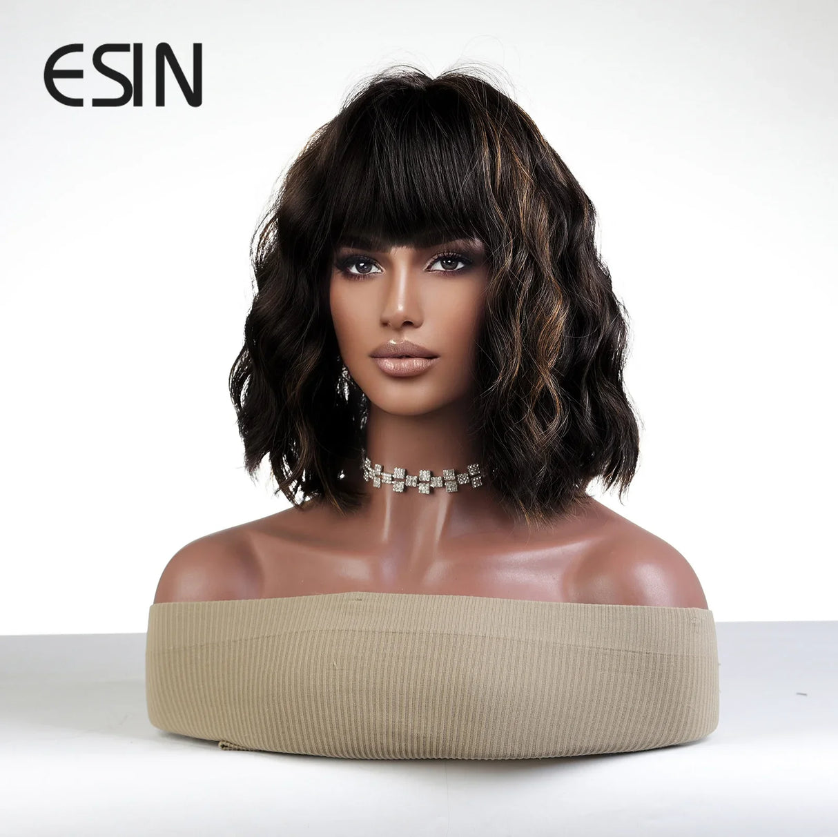 ESIN Synthetic Black Brown Medium Long Loose Body Wave Wig with Bangs Cosplay Daily Natural Wigs for Women Heat-resistant Hair