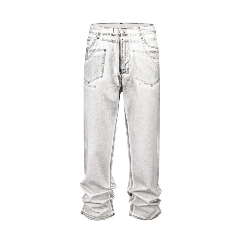 Brushed Wax Jeans Women Men High Quality Loose Straight Leg Pants