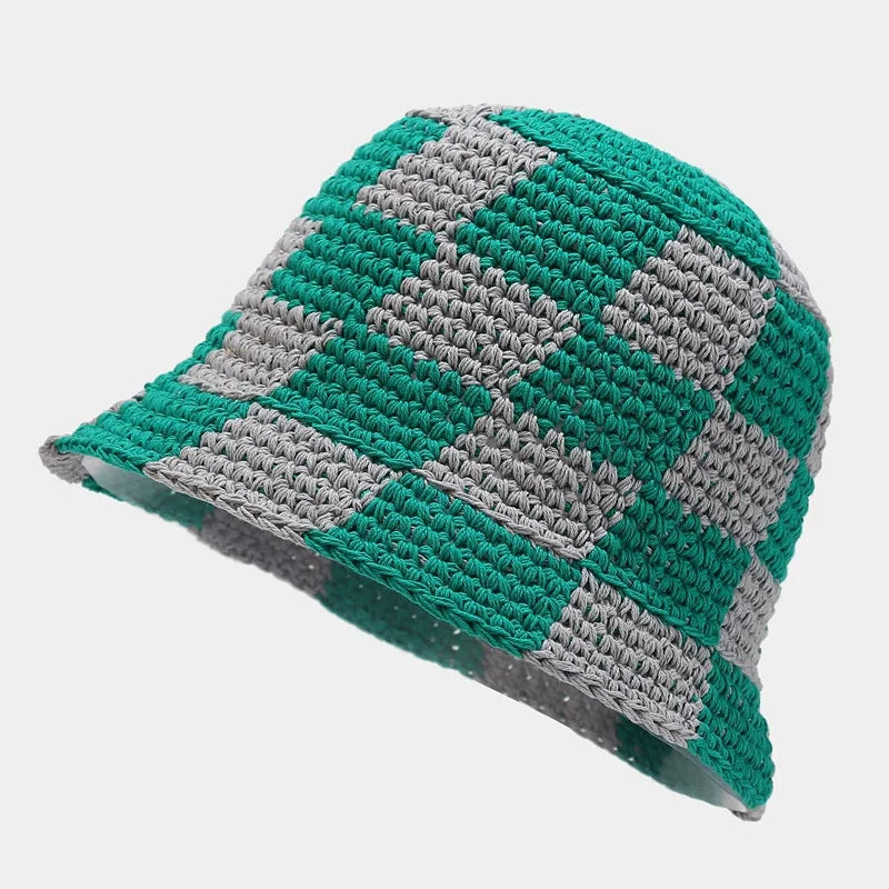 Korean Hand knit Crochet Bucket Hats Spring Summer Soft Straw Sun Hat Women Bucket Hats Plaid Designer Bob Fisherman Cap