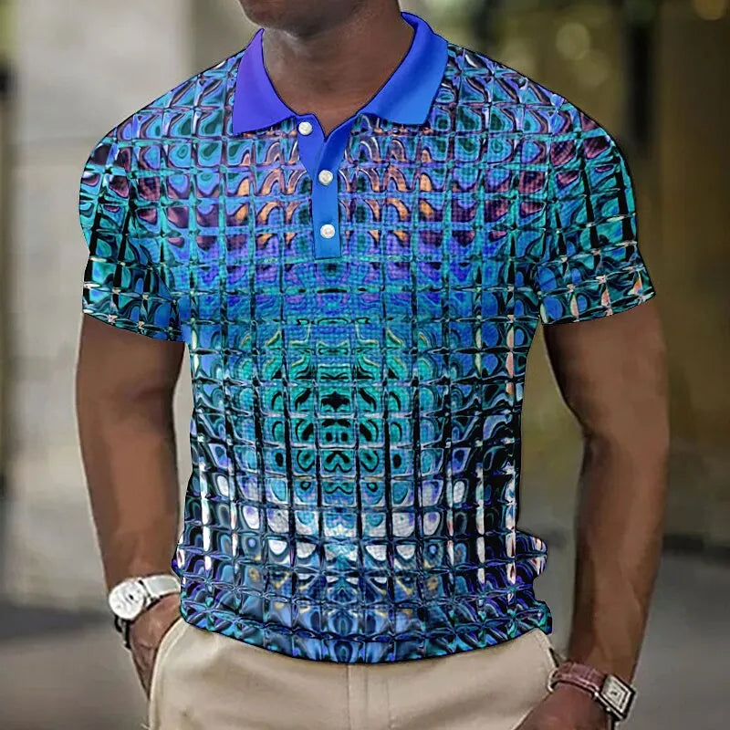 Fashion Men'S Polo Shirts 3d Simulation Metal Plaid Printed Men'S Clothing Summer Casual Short Sleeved Street Designer Tops Tees