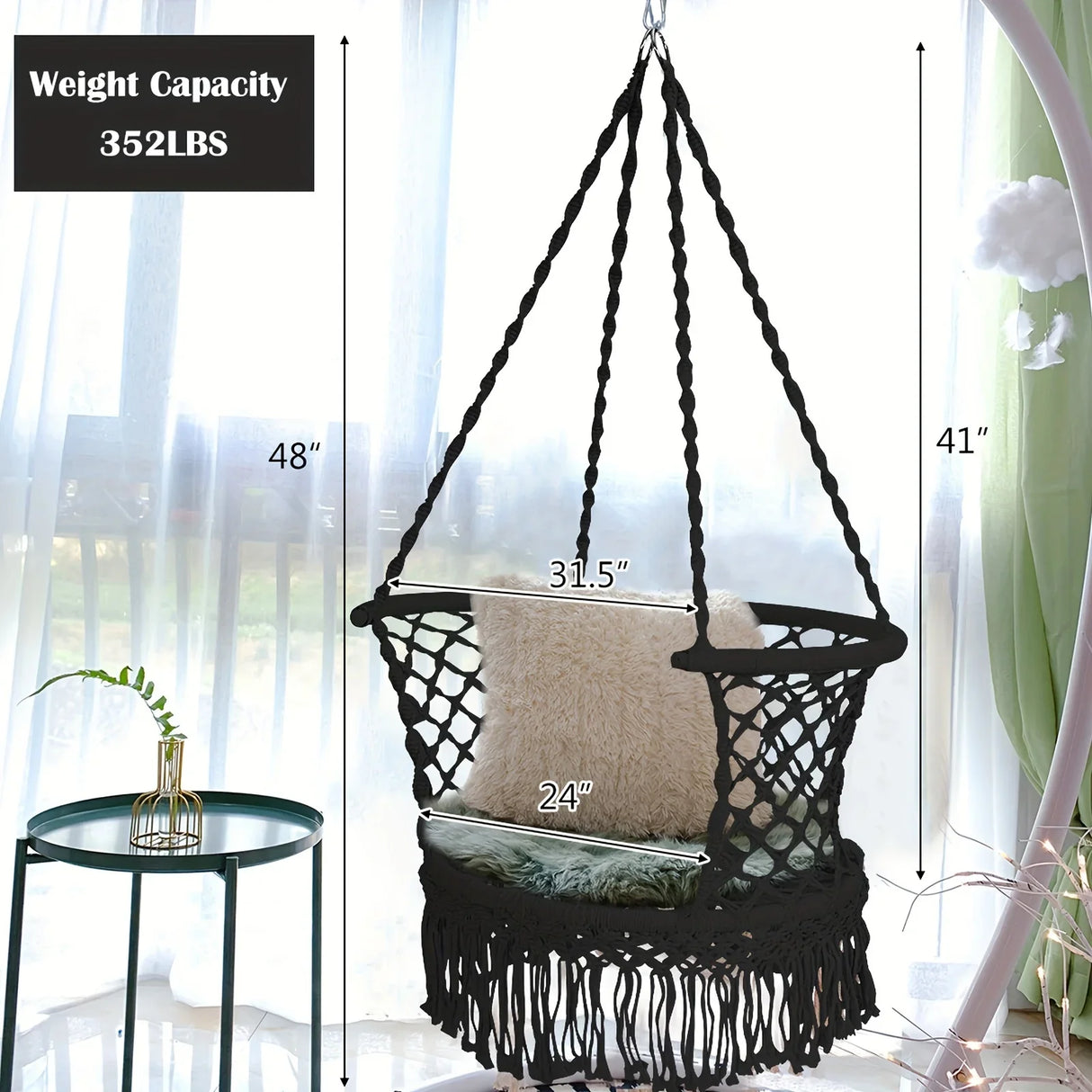 1pc Hanging Hammock Chair, Cotton Rope, Macrame Swing, Indoor Outdoor Black