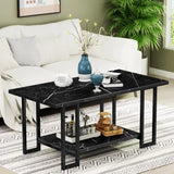 Marble Coffee Table, Faux Marble Top Rectangular Coffee Table with Black Metal Frame, 2 Tier Living Room Table for Living Room,