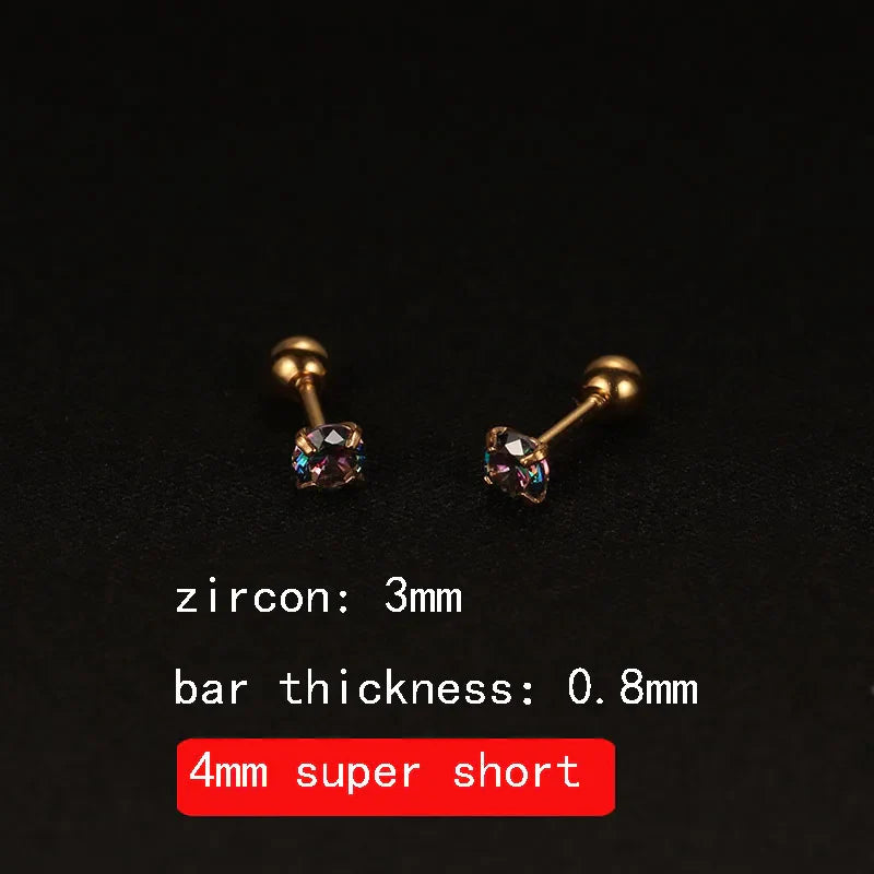 2PCS 4mm Short Ear Studs Earring Outside Upper Helix Earrings Titanium Steel CZ Crystal 3mm 4mm 5mm Mix Colors 0.8mm 20G Screw