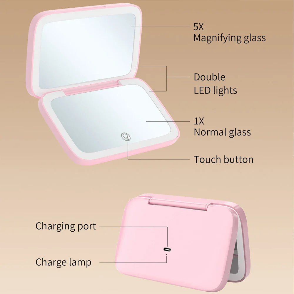 2-Sided LED Rechargeable Makeup Mirror with 5X Magnifying Compact Pocket Travel Aesthetic Vanity Mirrors Make Up Cosmetic Tools