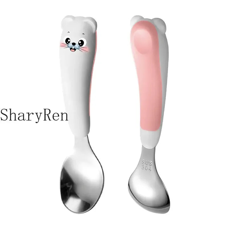 Baby Children Spoon Fork Set Cartoon Bear Stainless Steel Fork Spoon Kids Toddler Training Spoon Utensil Baby Feeding Cutlery