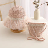 Kids Girls Straw Hat Handbag Set Wide Brim Lace Bow Sun Protection Cap  Summer Beach Bucket Cap Portable Handbag панама Gorras