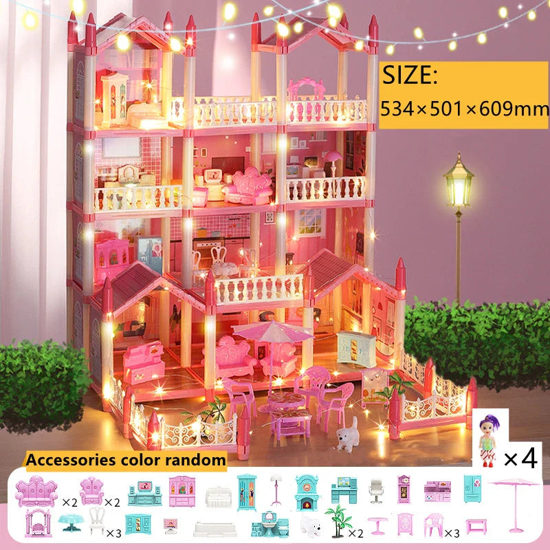 3d Assembly Diy Doll House Miniature Model Doll House Accessories Villa Princess Castle Led Lights Girl Birthday Gift Toy House