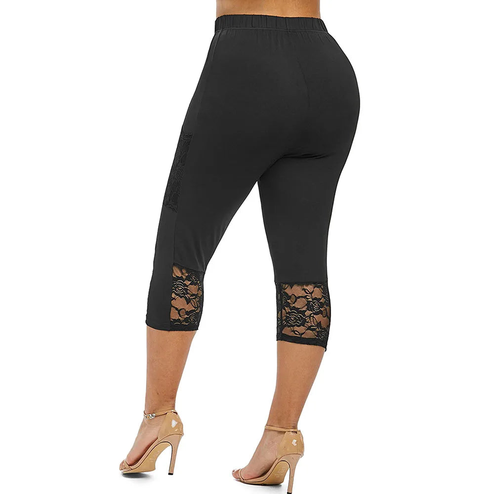 Plus Size Womens Lace Leggings 3/4 Cropped Pants Trim Stretchy Capri Bottoms Ladies Casual Sweatpants For Oversized Female 2023