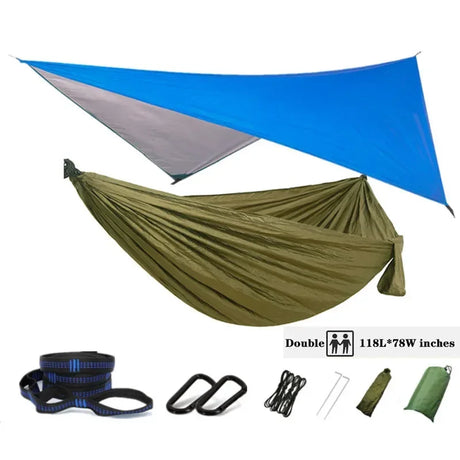 Oversized Double 118inx79in Hammock with Tree Straps and Rain Fly, Indoor Outdoor Backpacking Survival & Travel Camping Hammock