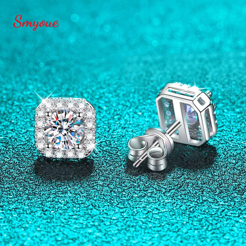 Smyoue White Gold 1CT Moissanite Stud Earrings for Women Round Cut S925 Silver Luxury Square Jewelry Lab Diamond Earring Gift