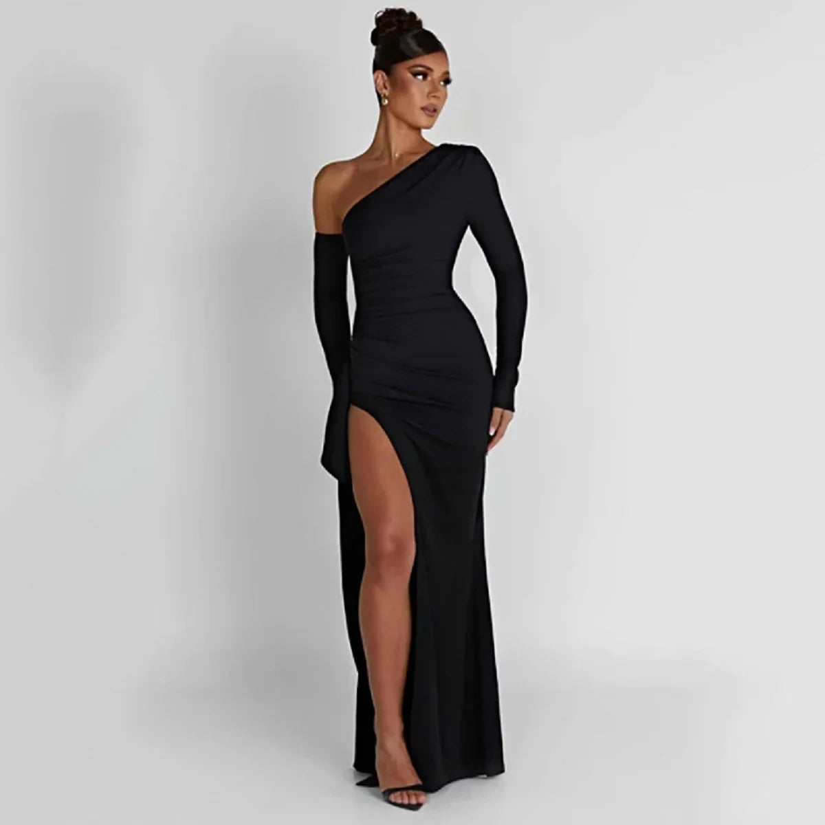 European and American Women's New Long Sleeve Oblique Neck Dress Fashion Sexy Open Back High Split Dress Long Dress