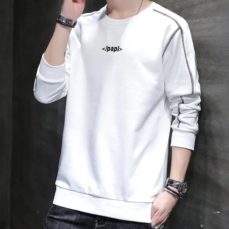 New Autumn Fashion Trend Solid Color Round Neck Letter Panel Long Sleeve Simple Casual Men's Loose and Comfortable Sweater