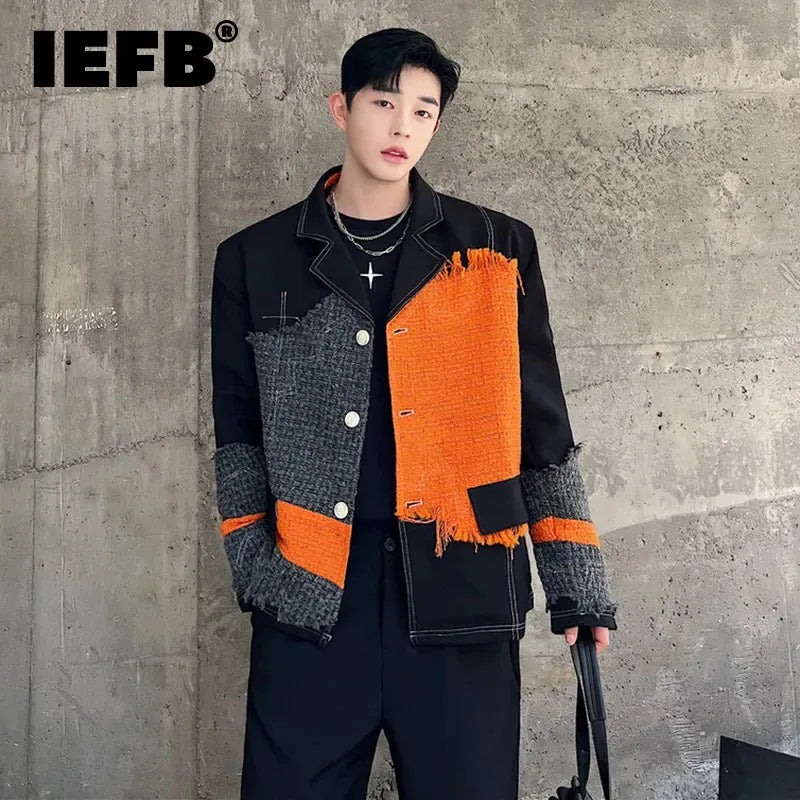 IEFB Trend Fashion Coat Personality Men Woolen Contrast Color Spliced Niche Design Autumn 2023 New Fur Edge Style Jacket 9C2745