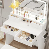 Vanity Desk with LED Lighted Mirror & Power Outlet & 4 Drawers, Dressing Makeup Table Set with Storage Stool, White