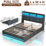 Full Size Bed Frame with LED Lights and Charging Station, Upholstered Bed Storage Headboard & Drawers, Heavy Duty Wood Slats