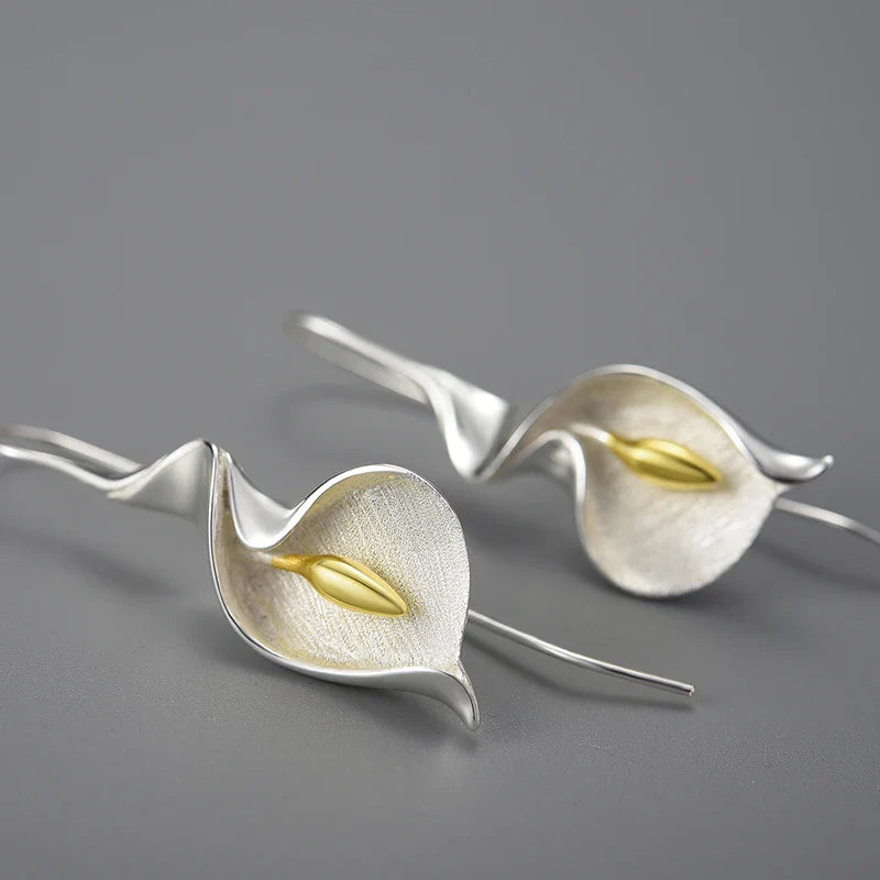 Lotus Fun 18K Gold Long Hanging New Calla Lily Flower Dangle Earrings for Women Real 925 Sterling Silver Luxury Fine Jewelry