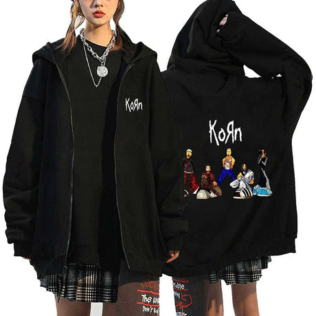 Korn Rock Band Sweatshirts WORLD TOUR Hoodies Cartoon Vintage Metal Gothic Streetwear Zip Up Jackets Tops Fleece Oversized Coats