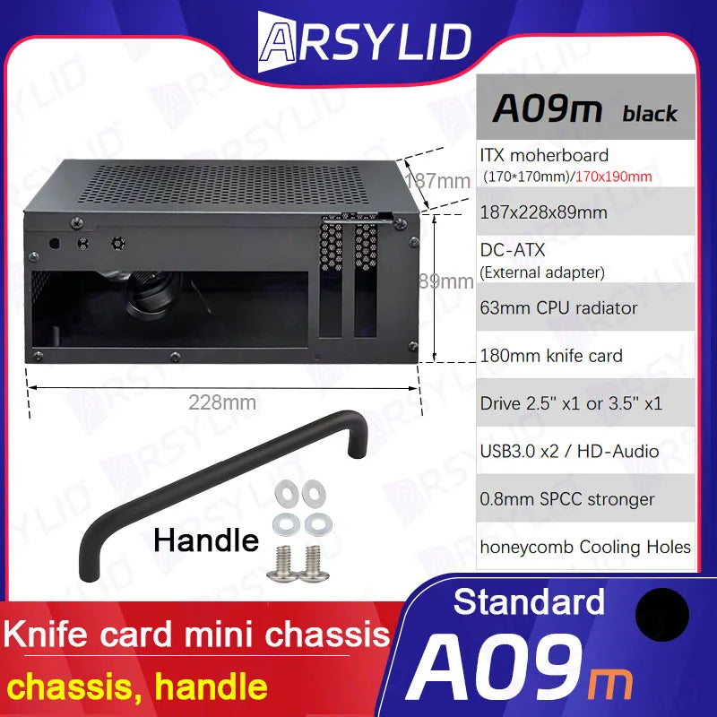 A09m 3.8L ITX Chassis Knife Card A4 HTPC Portable Computer PC Support PCIe 2.5' SSD Drive Mini IPC Flex PSU Case