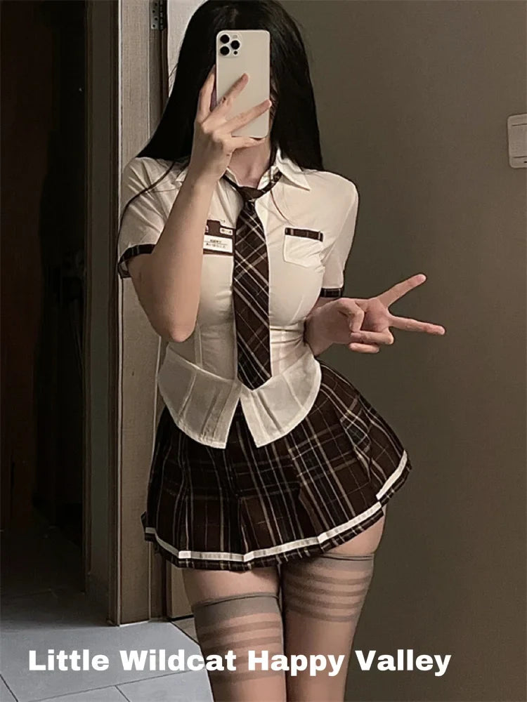 Sexy Lingerie School Student Uniform Role Play Costume Women Cute Mini Skirt Tight Blouse Set Porn College Girl Cosplay Anime