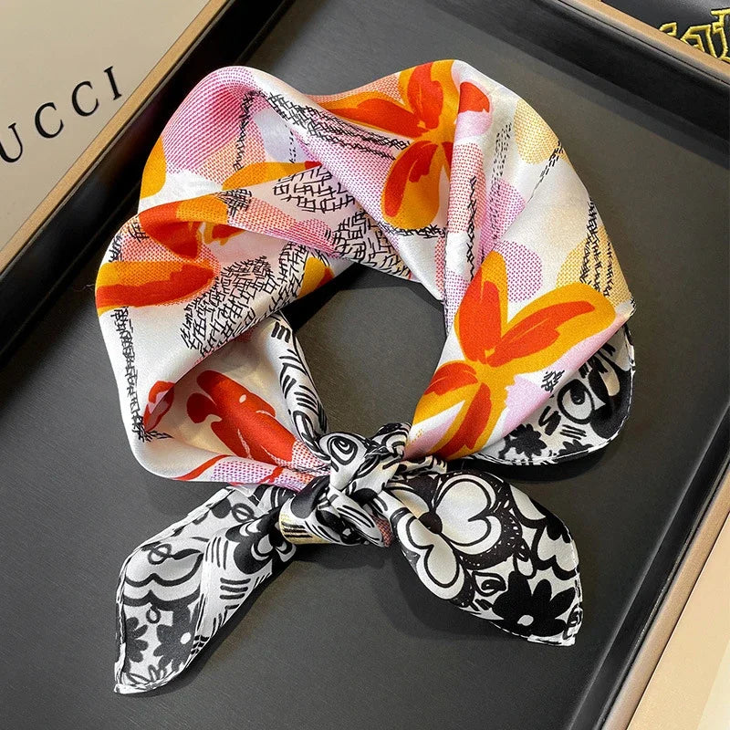 100% Natural Real Silk Scarf Women New Print Neck Hairband Square Shawl Neckerchief Female Hijab Poncho Bandana Headband 2023