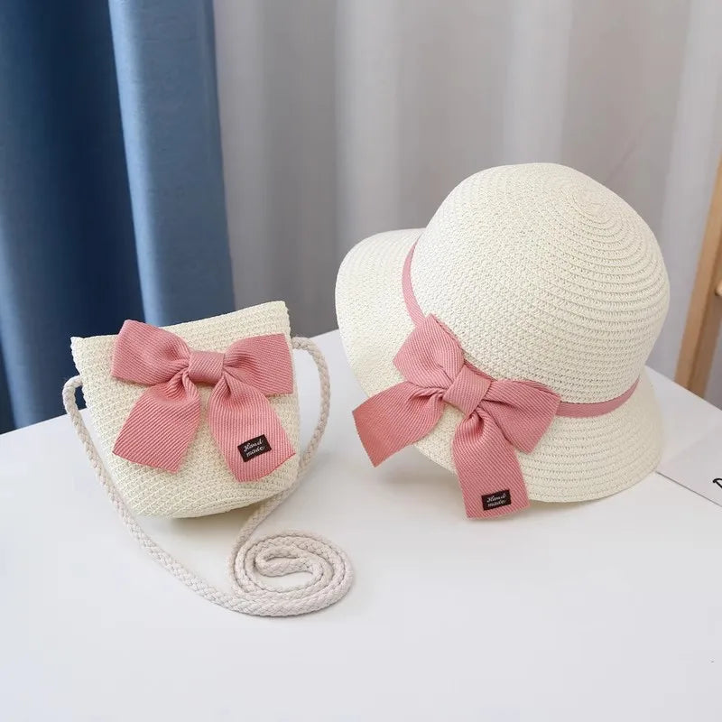 2-8 year old children's sun hat summer new straw bag hat set baby travel sunscreen beach hat sun Bucket hat children's straw hat