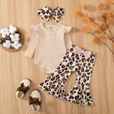 Citgeett Autumn Infant Baby Girls Jumpsuit Solid Color Ribbed Fly Sleeve Romper + Leopard Flare Pants Spring Clothes