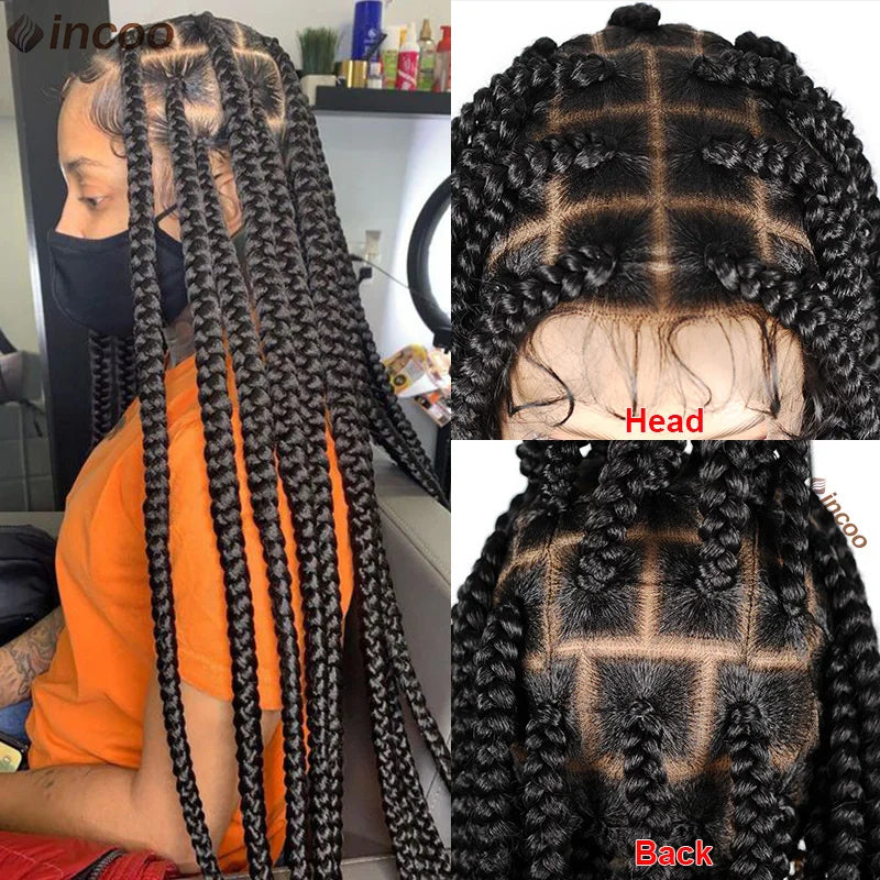 Jumbo Knotless Box Braids Wig For Black Women Synthetic Cornrows Wig Faux Locs Dreadlocks Full Lace Front Wigs Tribal Braides