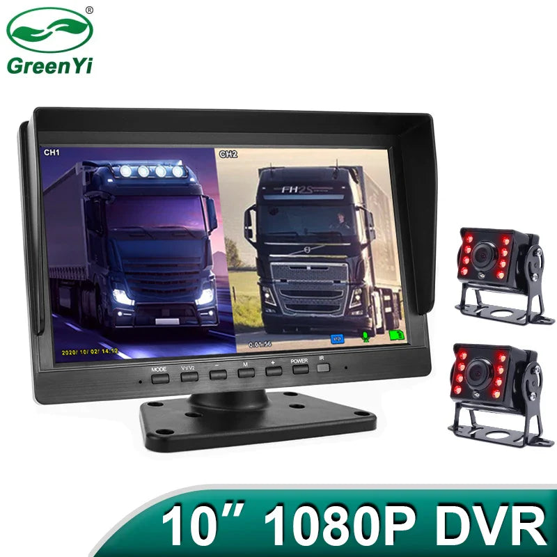 FHD 1920x1080P 10 Inch IPS Screen Truck Bus Vehicle DVR Recorder Parking Monitor With 2 Channels Front Rear Side AHD Car Camera