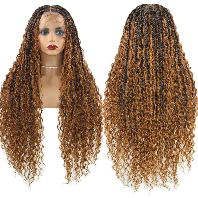 32 Inch Long Full Lace Front Wigs Boho Cornrow Box Braided Wigs With Baby Hair #4 Dark Brown Wave Curly Lace Frontal Braided Wig