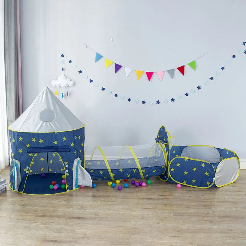 3 in 1 Portable Rocket Children's Tent Toys Camping Tent Kids Ball Pool  for Children Play House Crawling Tunnel Pop-up Tent