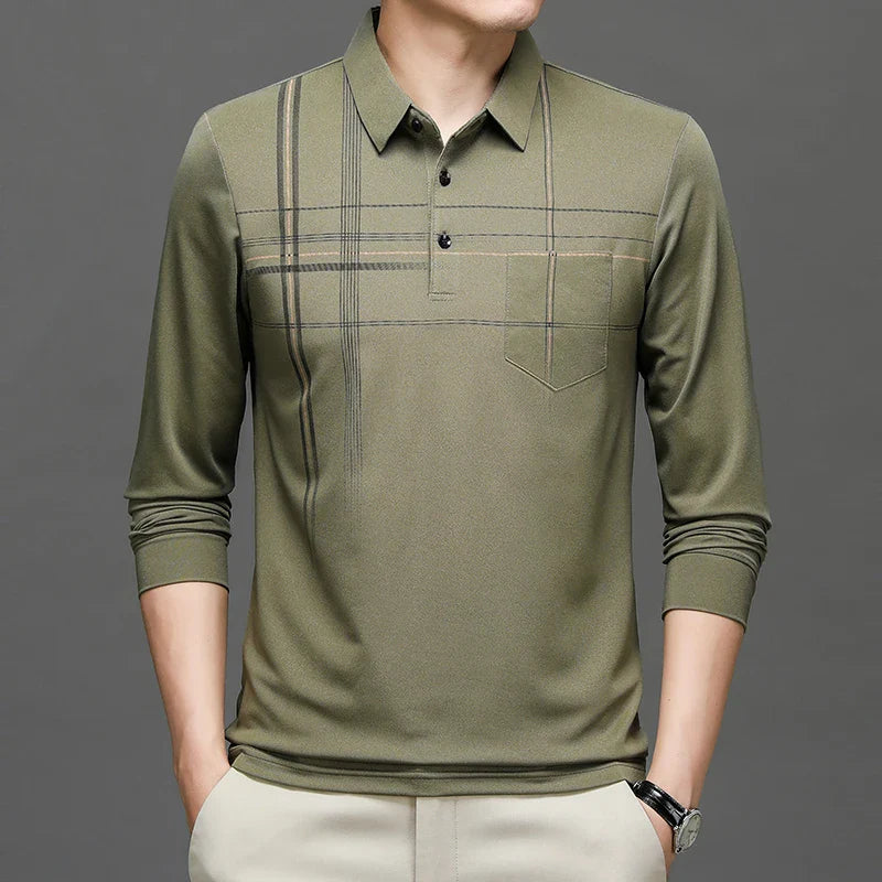 Spring Autumn Striped Business Polo Shirt Men's Long Sleeve Pullover T Shirt Turn-down Collar Tops