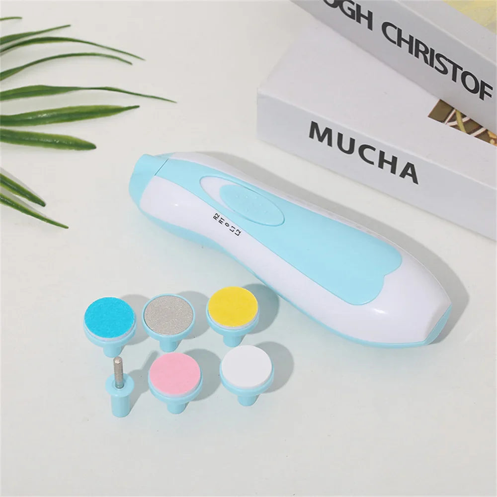 1/2PCS 6-piece Electric Nail Polisher Baby Blue Powder Electric Nail Clipper Baby Nail Clipper Manicure Set Newborns Care Tools