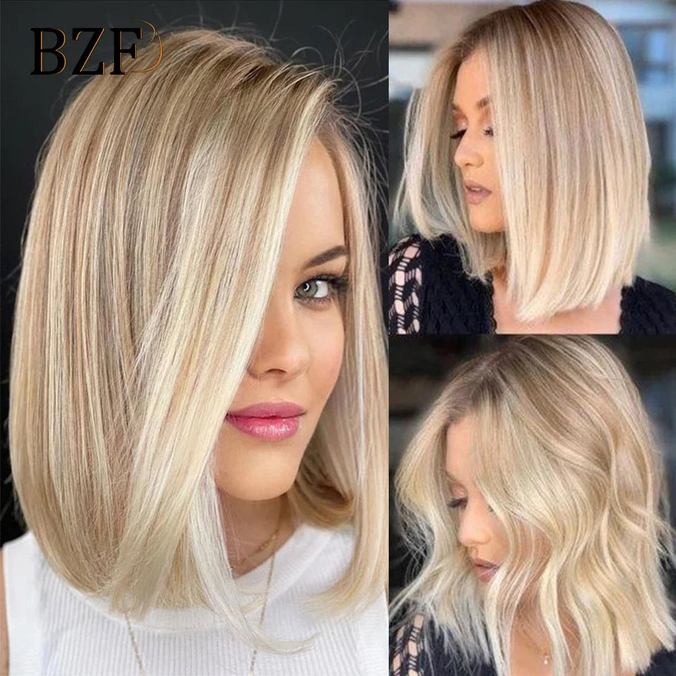 13x3 Blonde Highlight Synthetic Lace Front Bob Wigs Short Cosplay 12Inch Straight Glueless Heat Resistant Wig For Women Daily