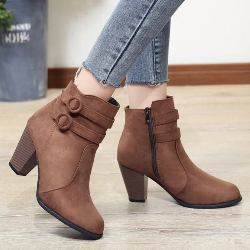 Retro Boots Women's Shoes 2023 New Square Heel Woman High Shoe Rubber Ankle Female Solid Platform Short Boots