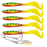 5Pcs lues 2pcs hooks Vigour Perch Fishing Lure  Soft Bait Shad UV-Active Wobble Craft Rubber Fish Swimbait For Perch,Pike,Zander